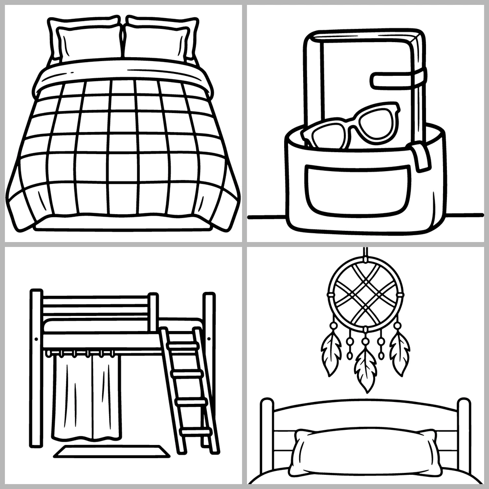 Bedroom and Sleep-Themed Coloring Book with Bold Lines and Simple Designs.