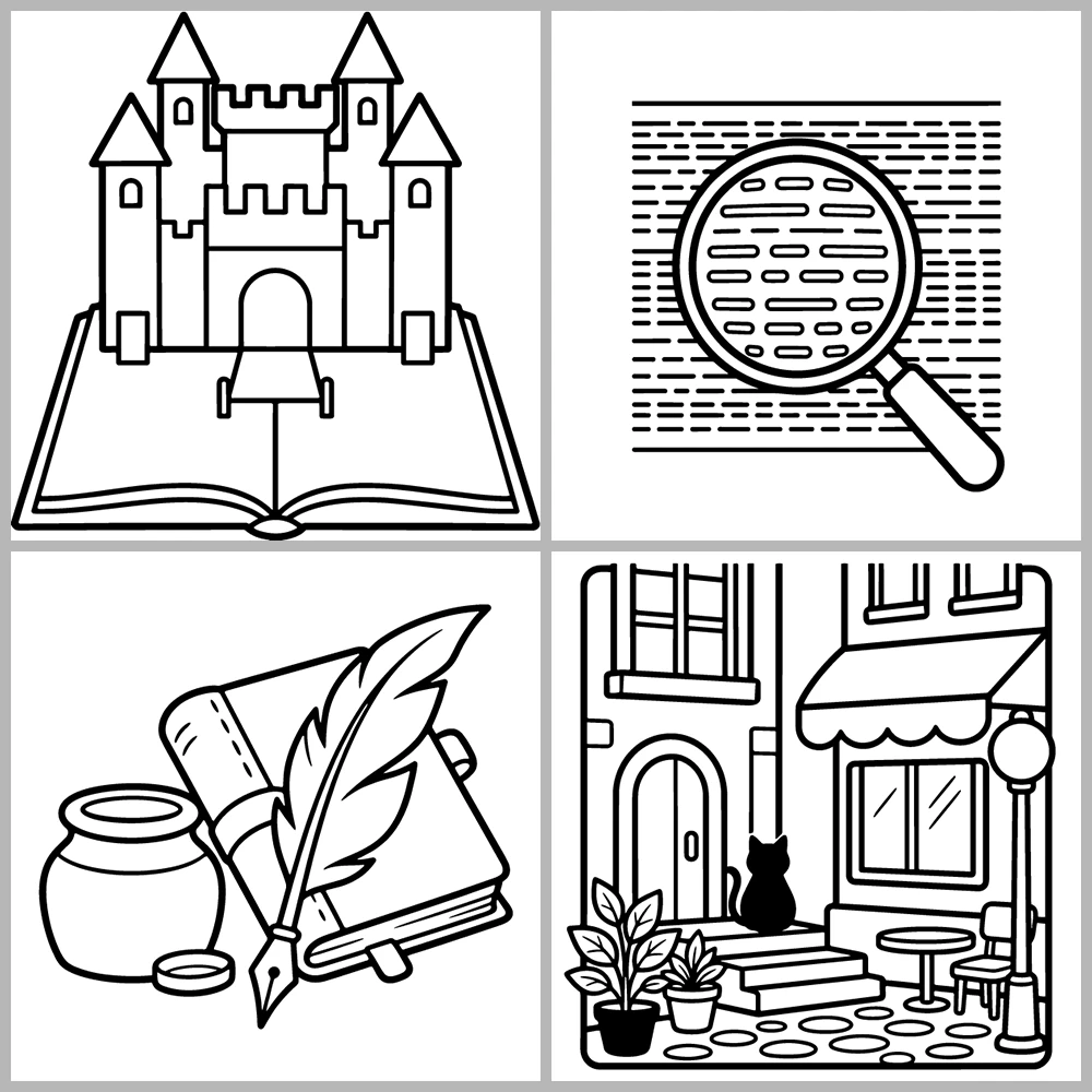A book- and reading-themed coloring book featuring bold lines, simple designs, and a cozy atmosphere.