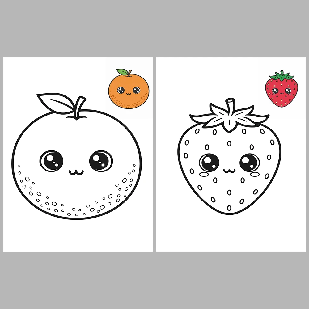 Cute Kawaii-Style Fruit Coloring Pages / With Reference Image