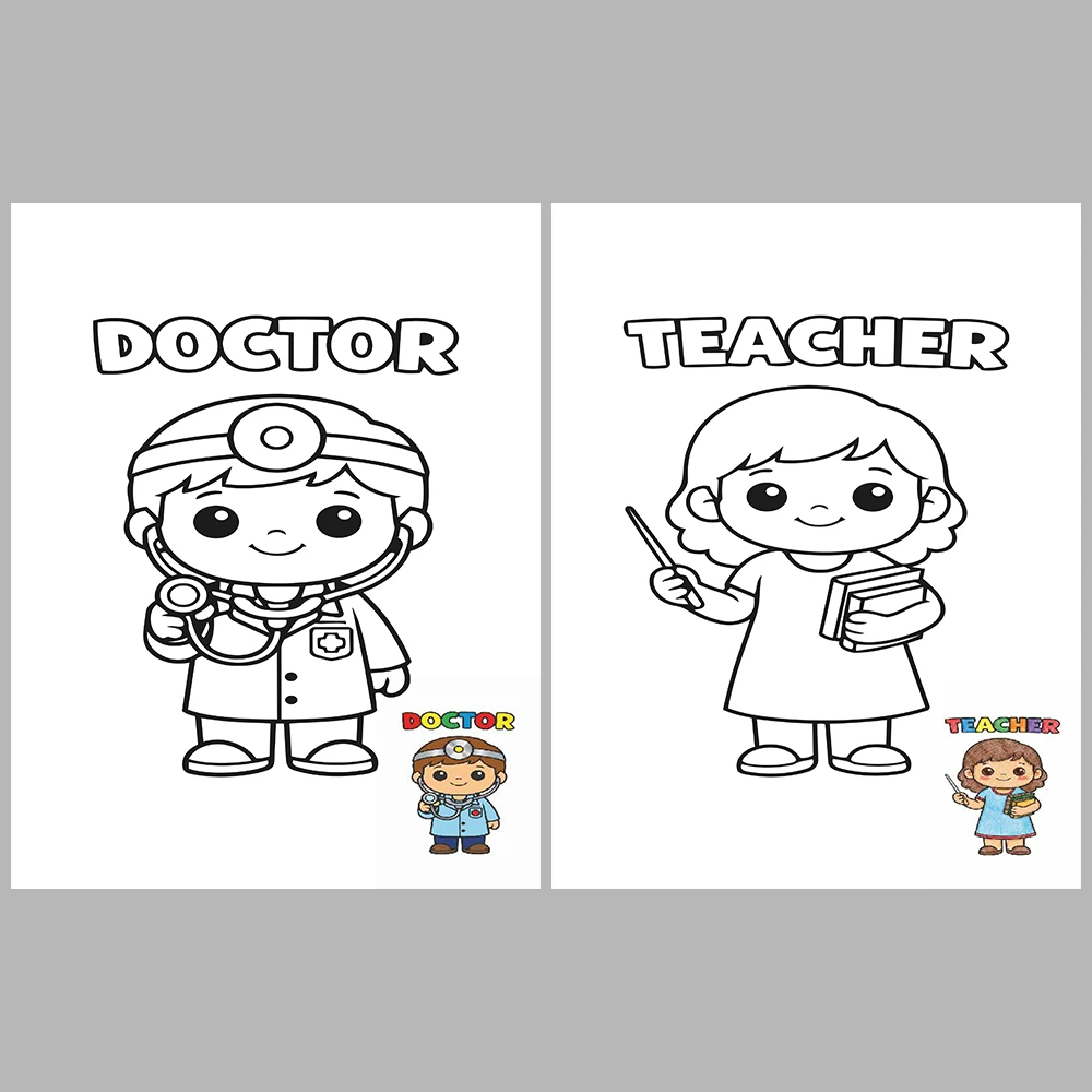 Professions Coloring Book with Cute Kawaii Characters / With Reference Images