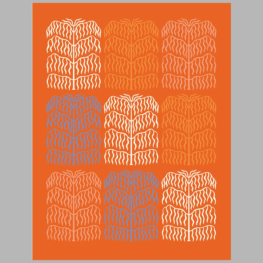 orange, blue, and beige themed posters