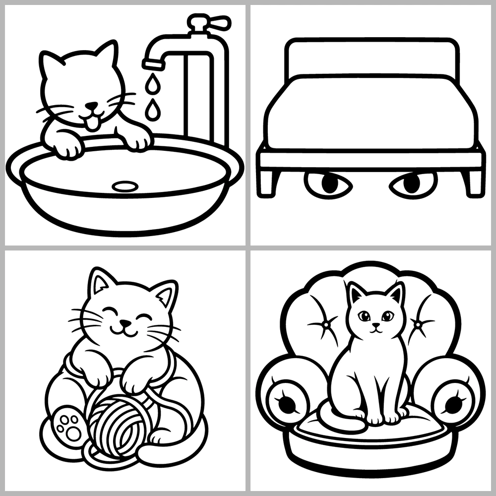 A cute cat-themed coloring book featuring bold lines and simple designs.