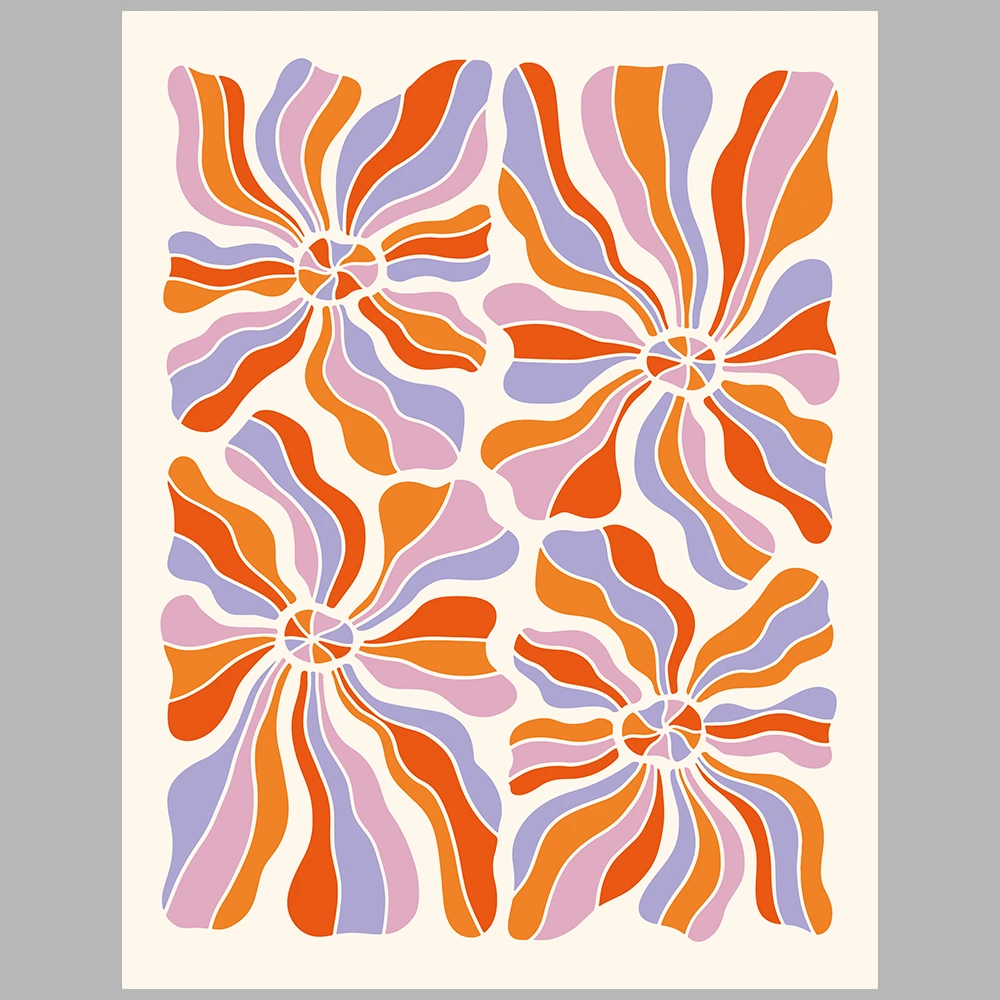 orange and purple/lilac-themed posters