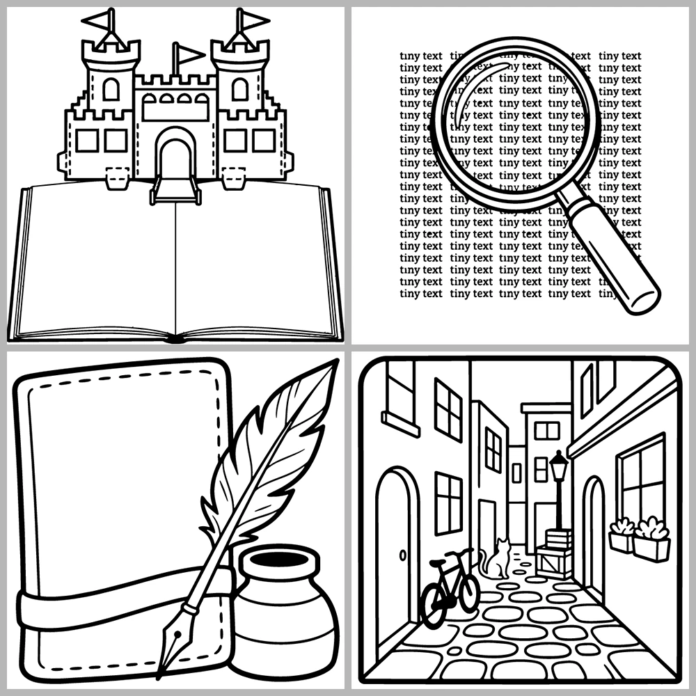 A book- and reading-themed coloring book featuring bold outlines and simple designs.