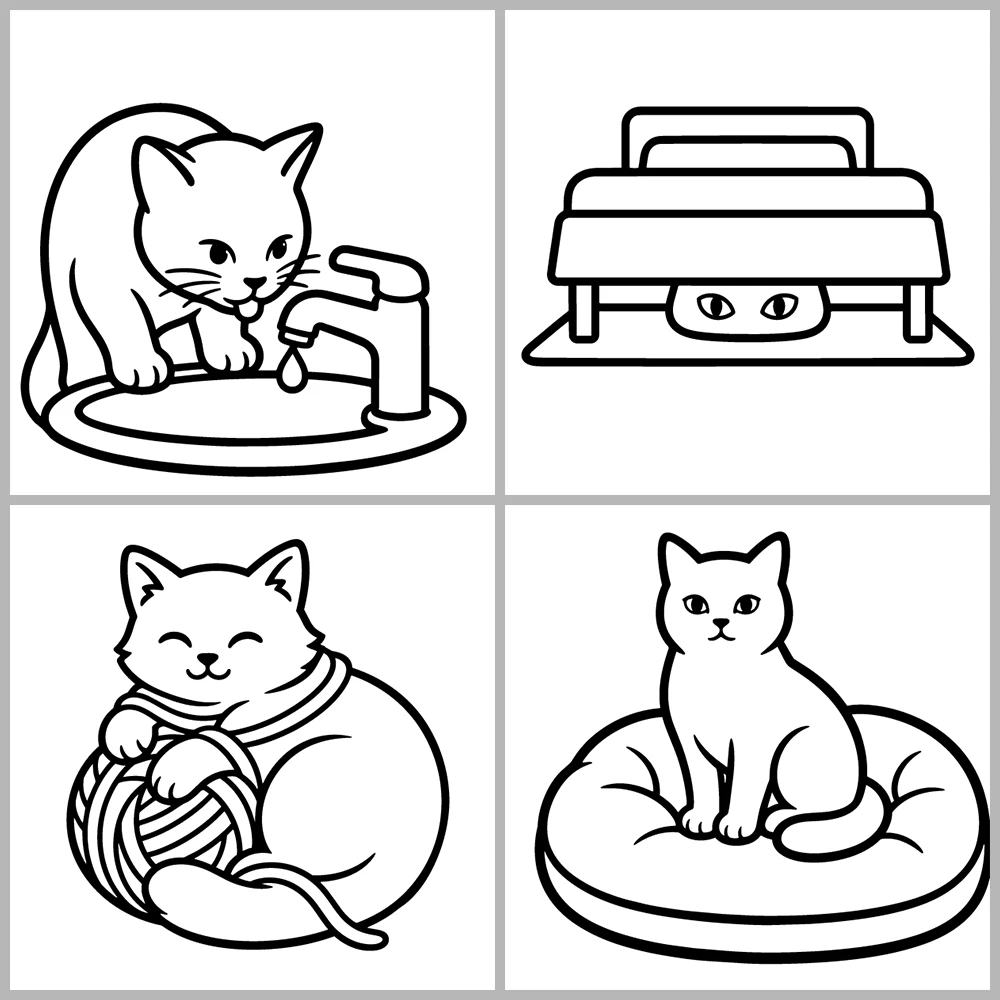 A cat-themed coloring book featuring bold lines and simple designs.