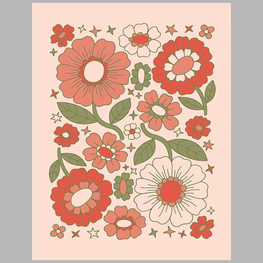 posters with an orange and green floral theme