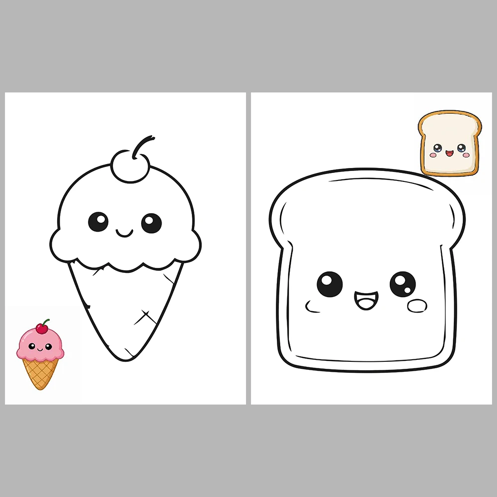 Kawaii-Style Cute Snacks Coloring Pages / With Reference Image