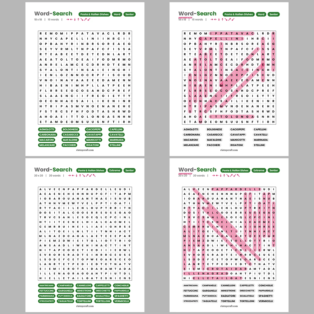 Word Puzzle – Pasta & Italian Dishes – Mathematics Terms – Themes