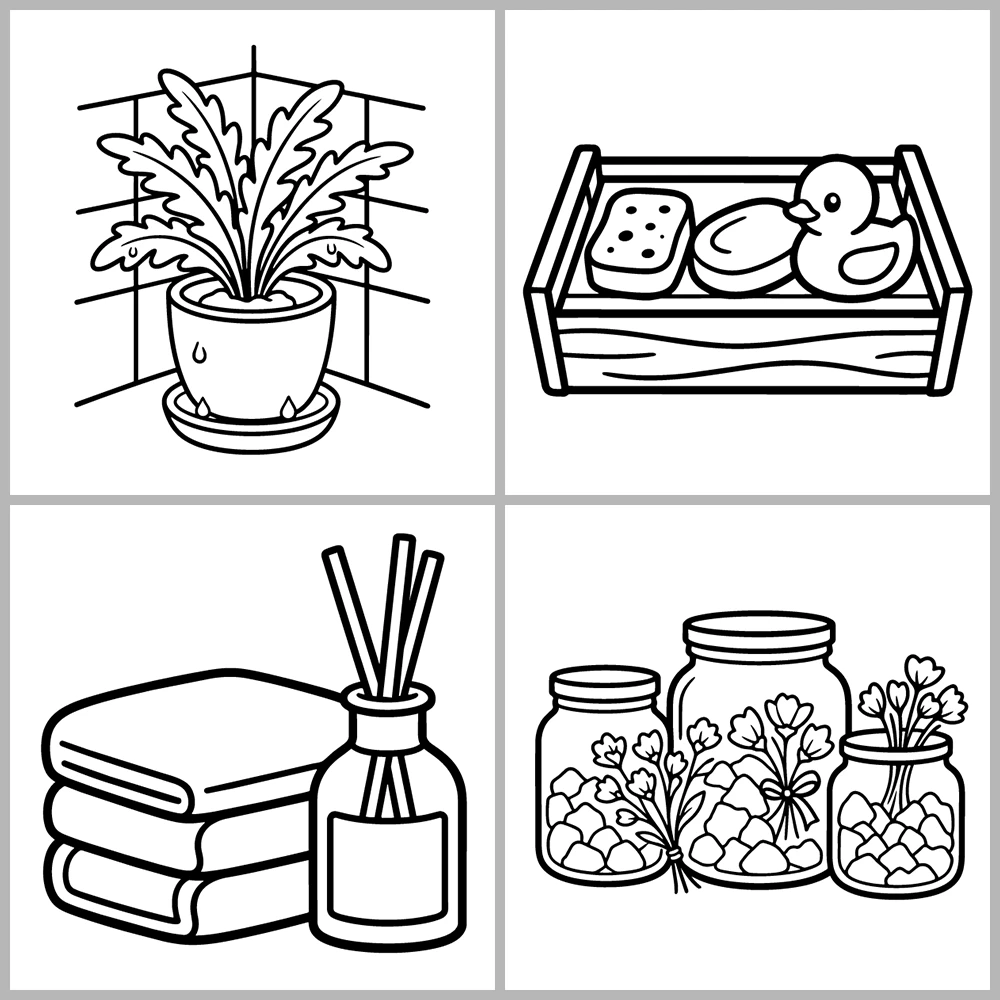 Bathroom and Spa Coloring Book with Bold Lines and Simple Designs.
