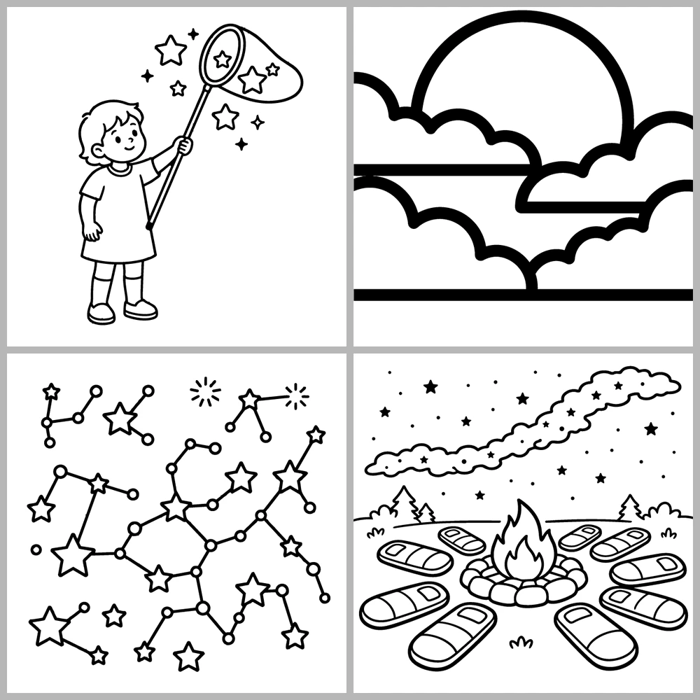 A “warm, celestial, and dreamlike” coloring book featuring bold lines and simple designs.