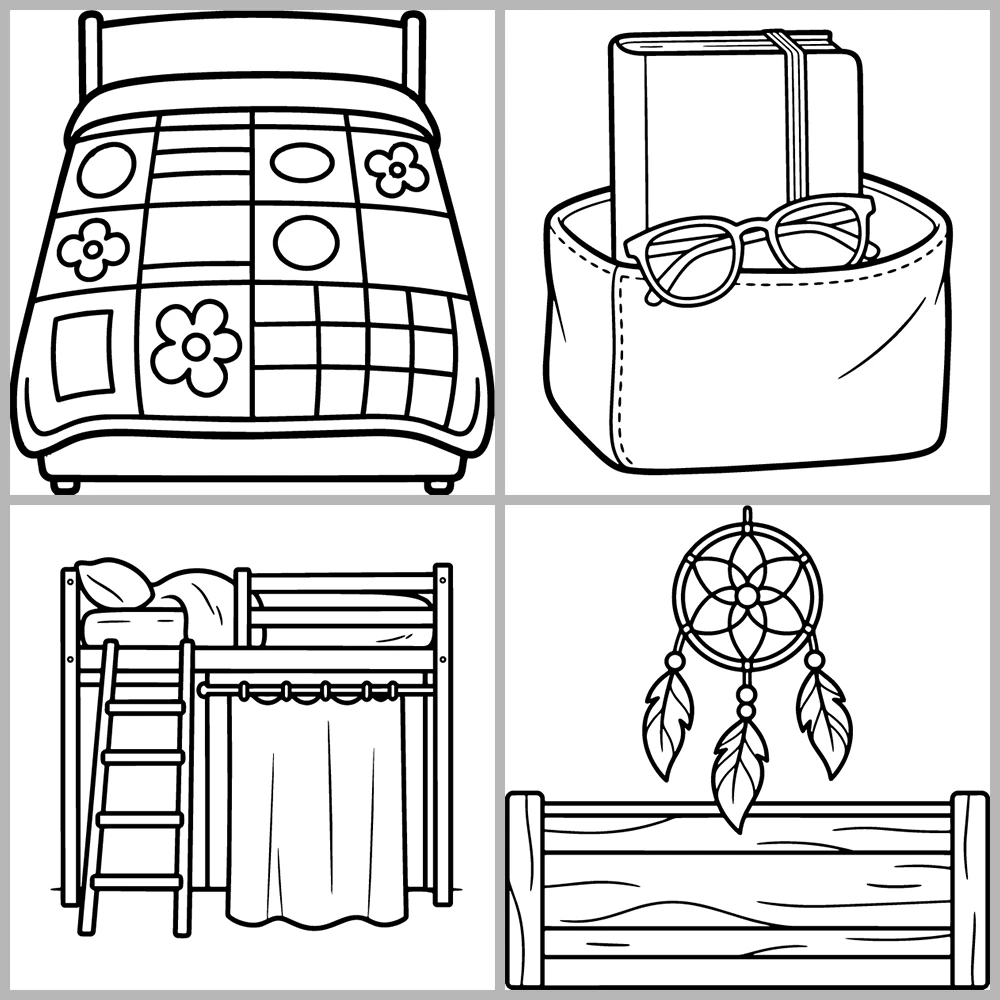 Bedroom and Sleep Themed Coloring Book with Bold Lines and Simple Designs.