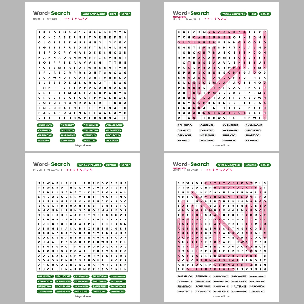 Word Search – Wine & Vineyards – Martial Arts – Themes