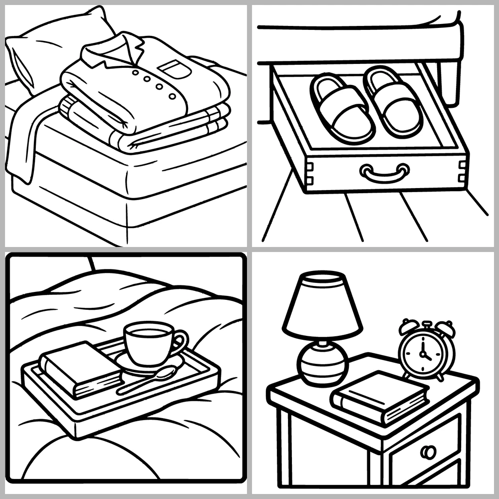 Bedroom and Sleep-Themed Coloring Book with Bold Lines and Simple Designs.