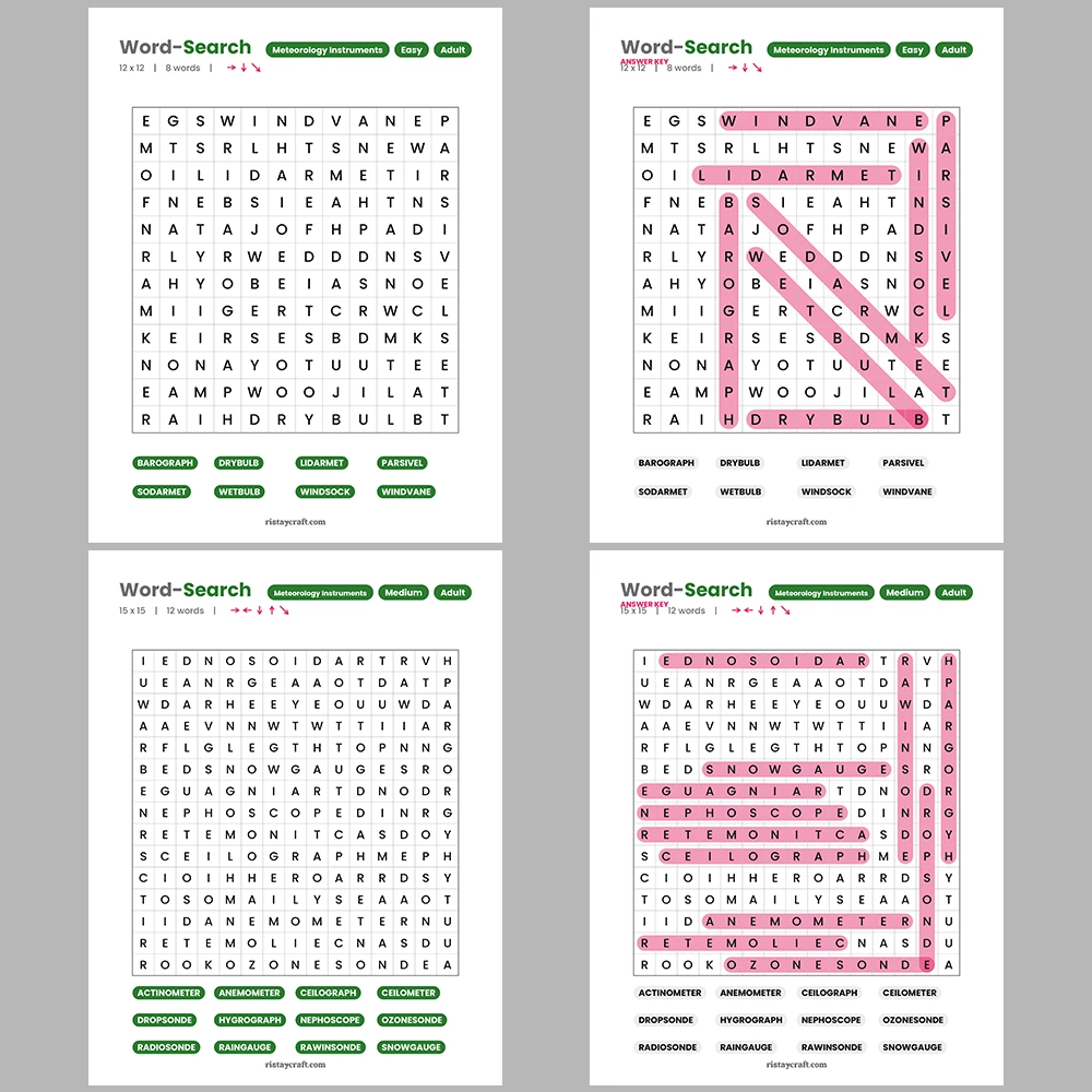 Word Search – Meteorology Instruments – Mountains & Peaks -Themes