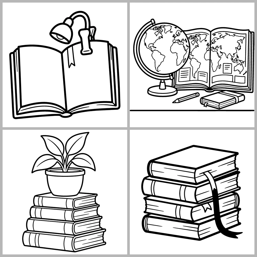 A book- and reading-themed coloring book featuring bold lines, simple designs, and a cozy atmosphere.