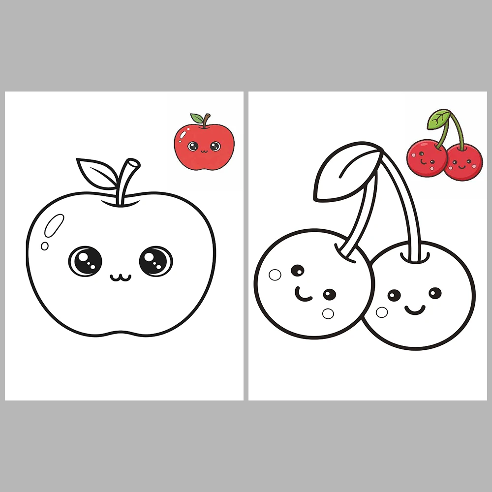 Cute Kawaii-Style Fruit Coloring Pages / With Reference Image