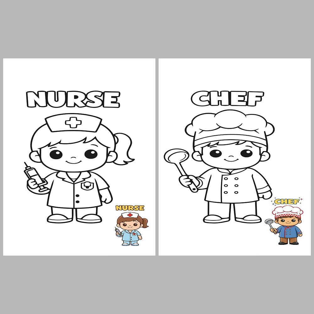 Professions Coloring Book with Cute Kawaii Characters / With Reference Images