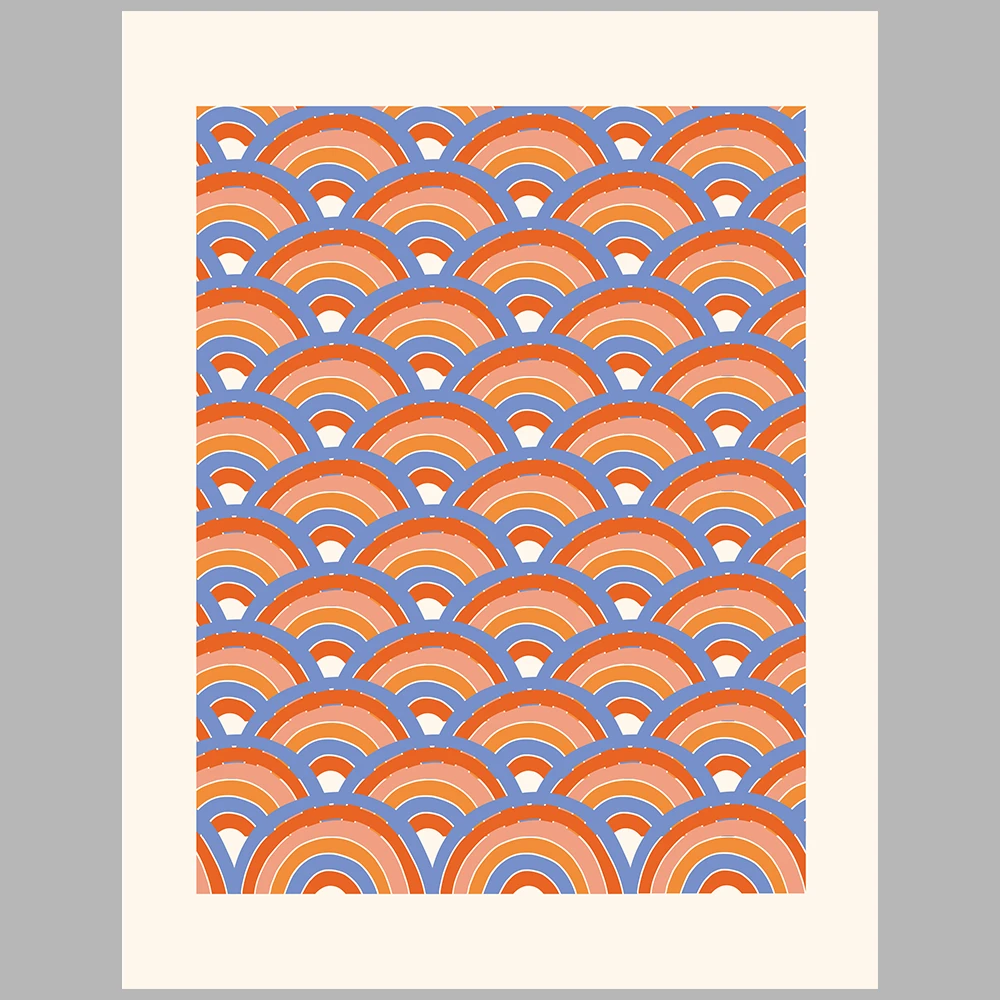 orange, blue, and beige themed posters