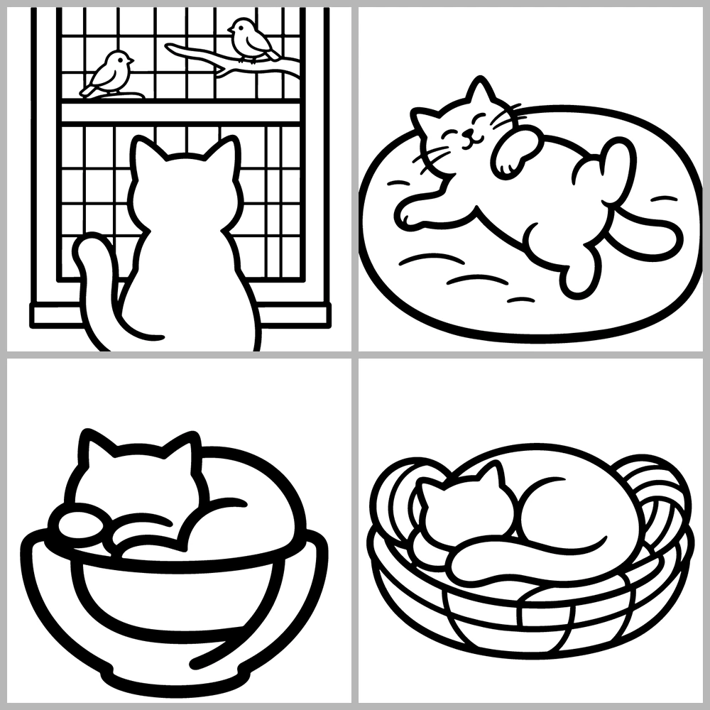 A cute cat-themed coloring book featuring bold lines and simple designs.
