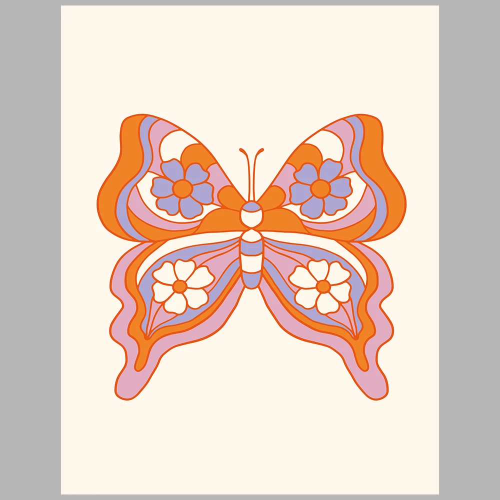 orange and purple/lilac-themed posters