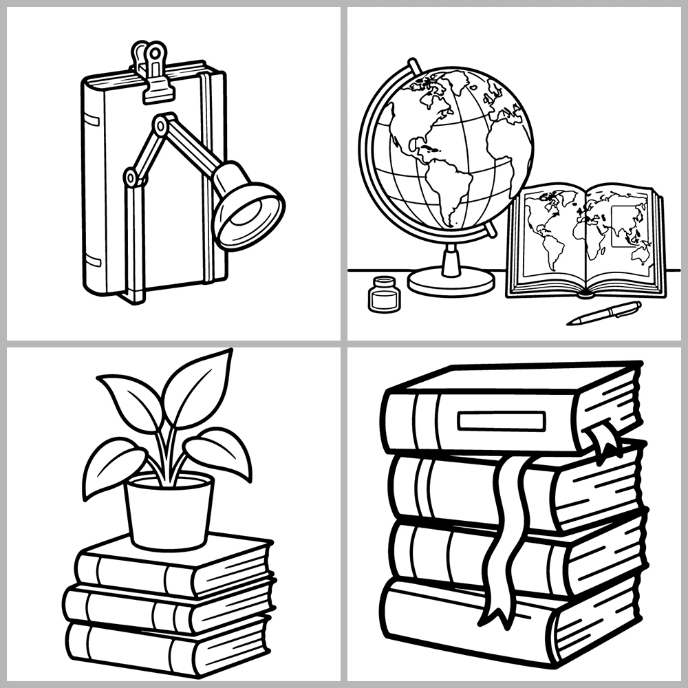 A book- and reading-themed coloring book featuring bold outlines and simple designs.