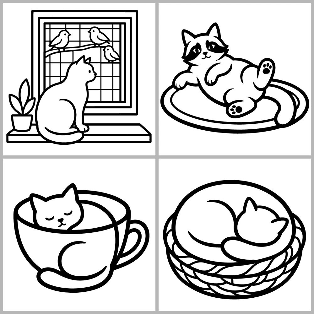 A cat-themed coloring book featuring bold lines and simple designs.