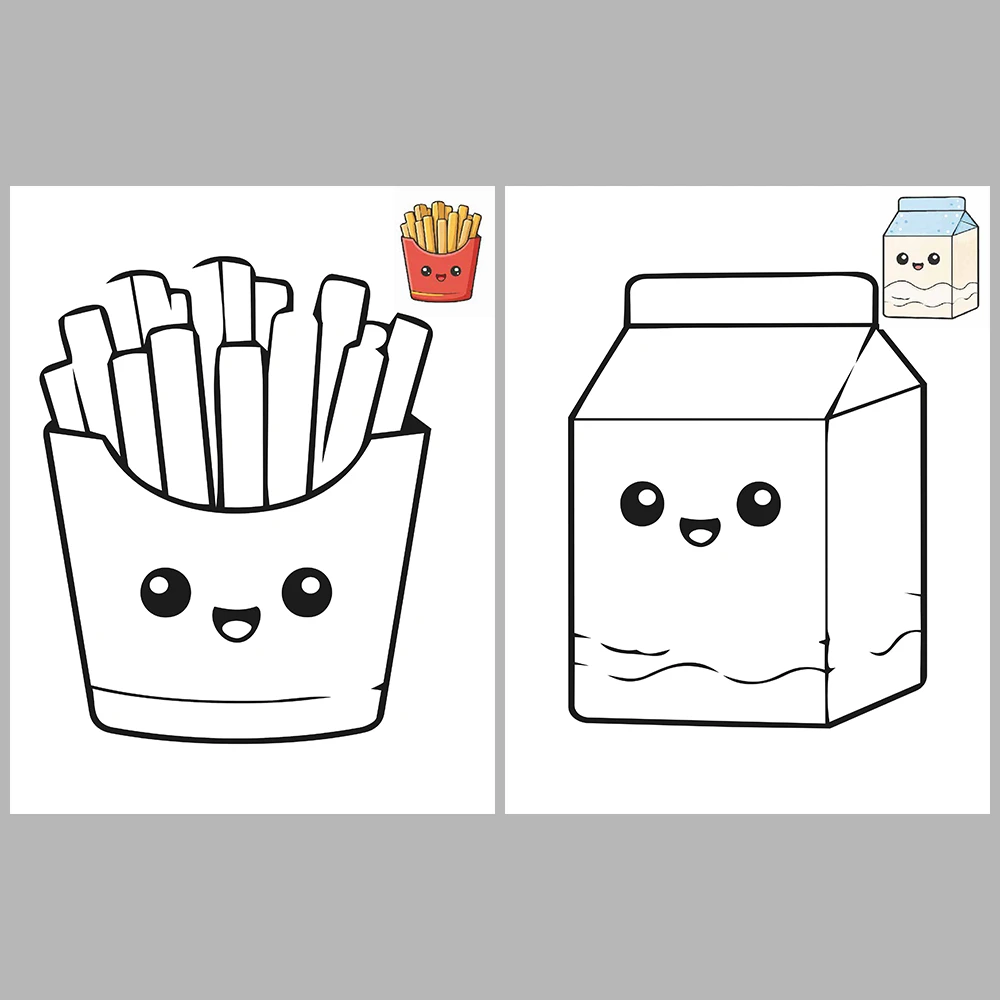 Kawaii-Style Cute Snacks Coloring Pages / With Reference Image