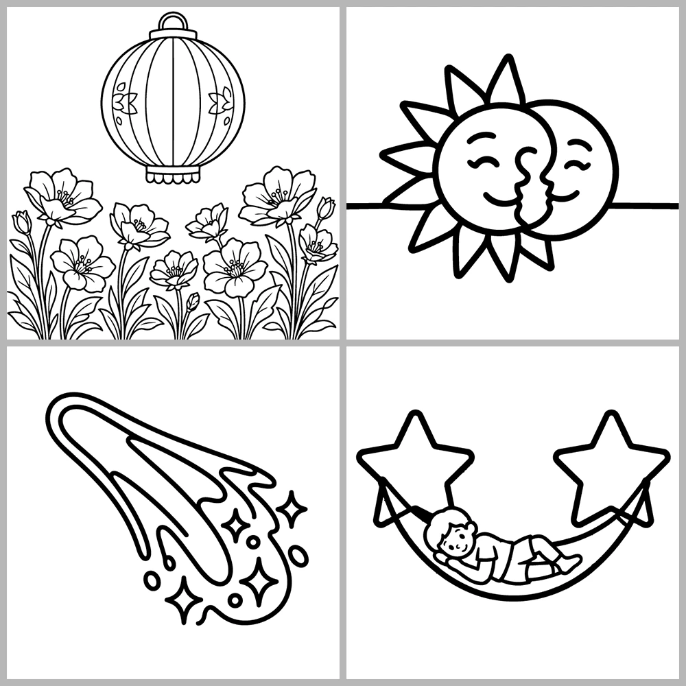 A “warm, celestial, and dreamlike” coloring book featuring bold lines and simple designs.