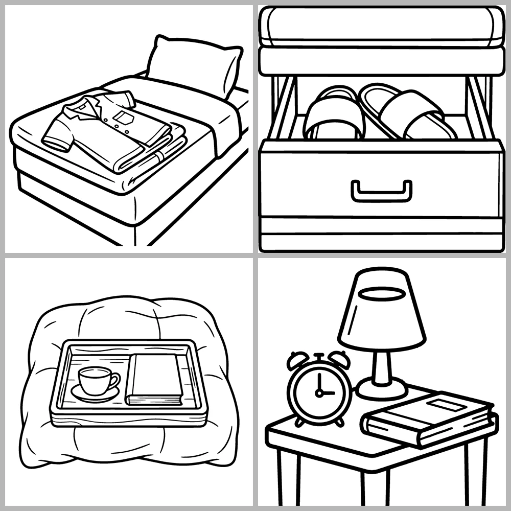 Bedroom and Sleep Themed Coloring Book with Bold Lines and Simple Designs.