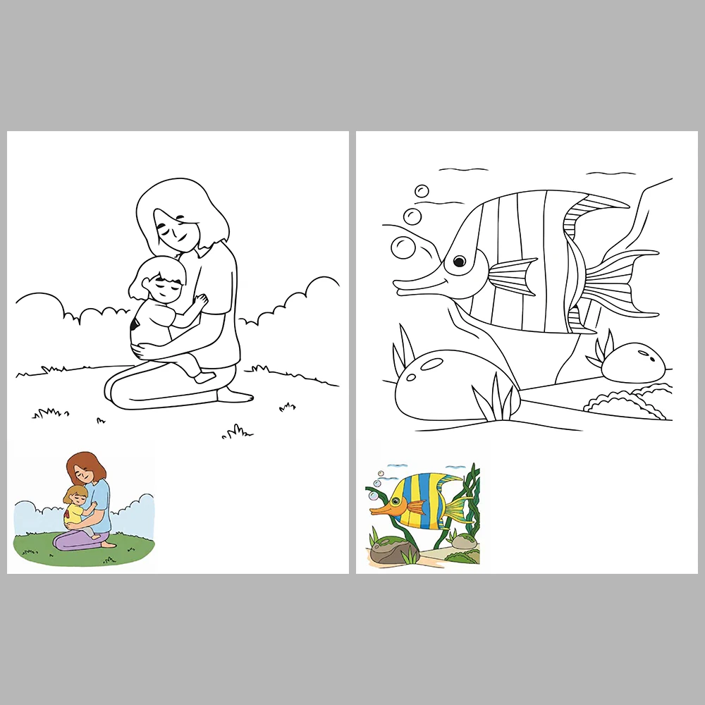 Mixed coloring pages for children aged 2/4 – With reference images (Vol. 1)