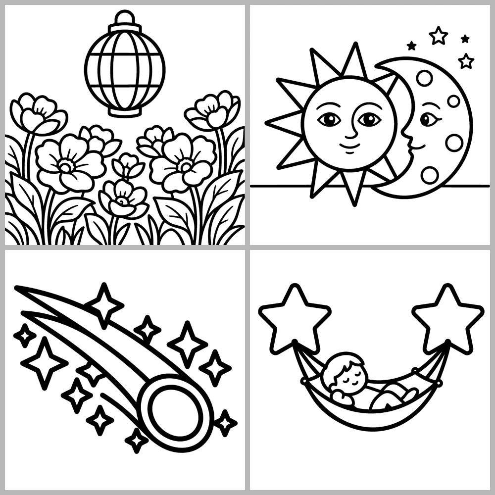 A “celestial and dreamlike” coloring book featuring bold lines and simple designs.