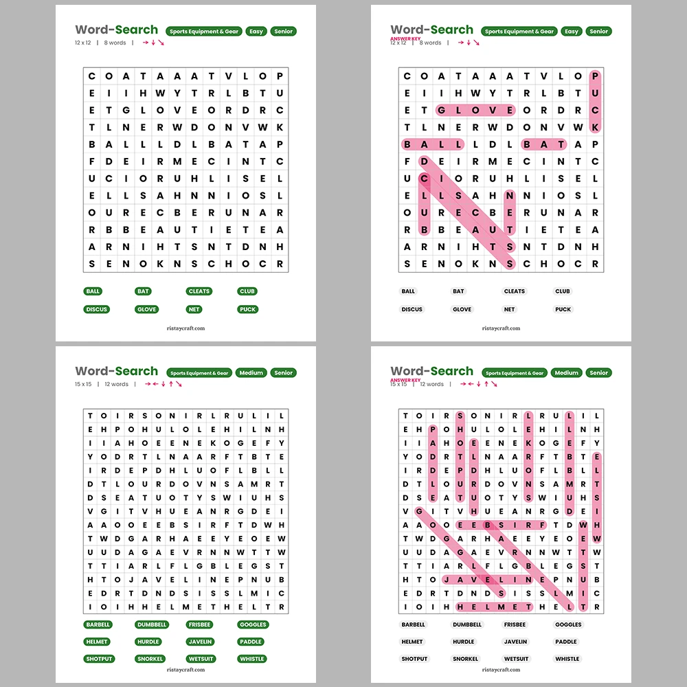 Word Search – Sports Equipment and Gear – Chocolate and Confectionery Brands – Themes