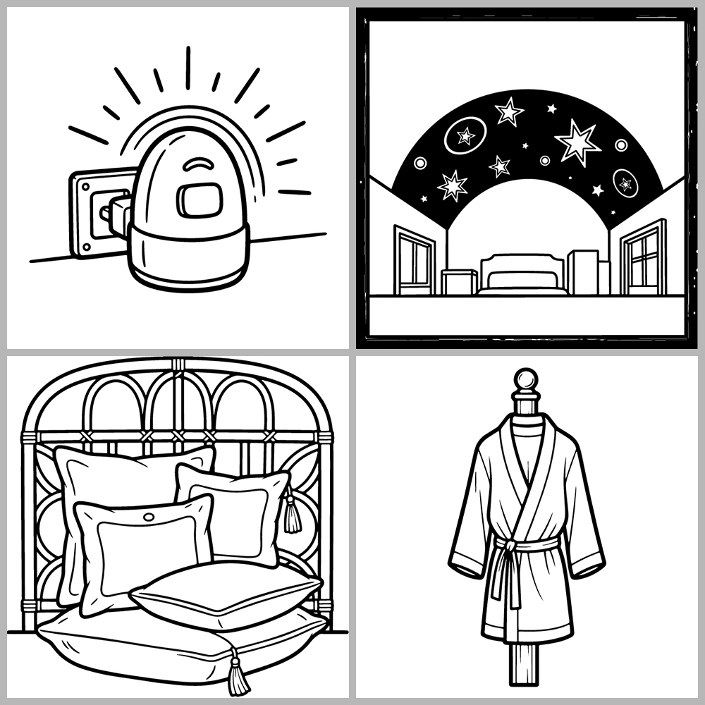 Bedroom and Sleep-Themed Coloring Book with Bold Lines and Simple Designs.