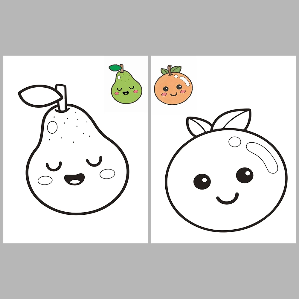 Cute Kawaii-Style Fruit Coloring Pages / With Reference Image