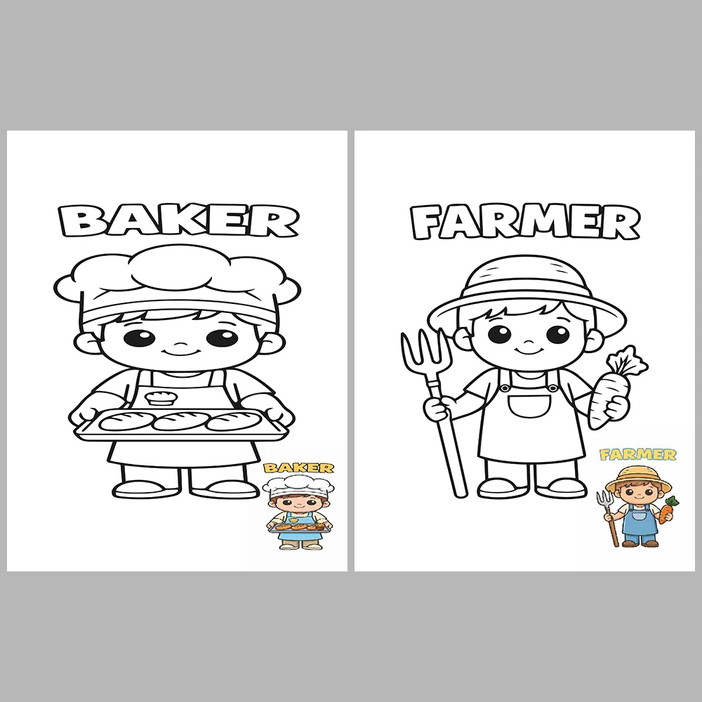 Professions Coloring Book with Cute Kawaii Characters / With Reference Images