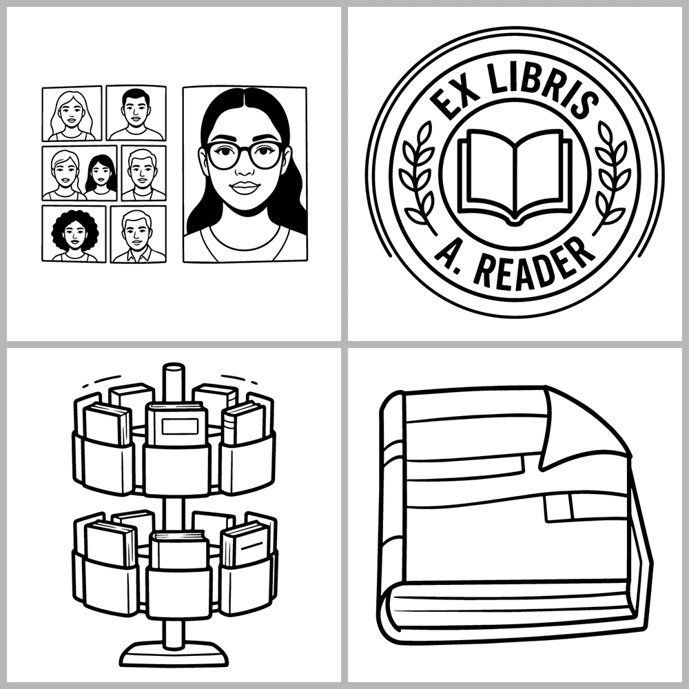 A book- and reading-themed coloring book featuring bold lines, simple designs, and a cozy atmosphere.