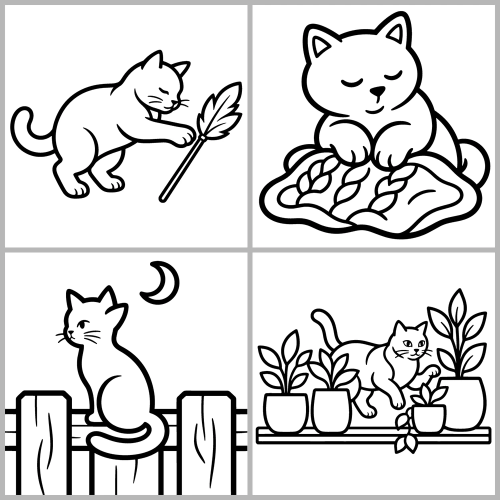 A cute cat-themed coloring book featuring bold lines and simple designs.