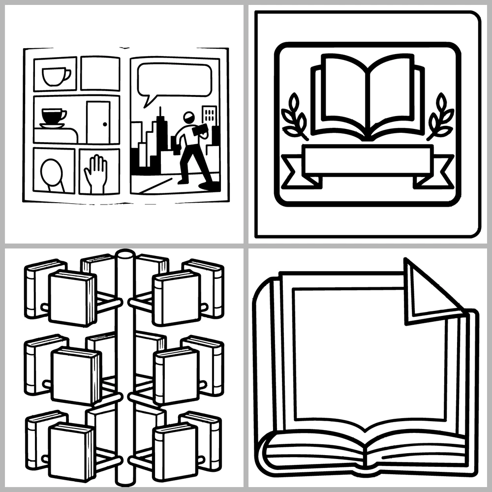 A book- and reading-themed coloring book featuring bold outlines and simple designs.