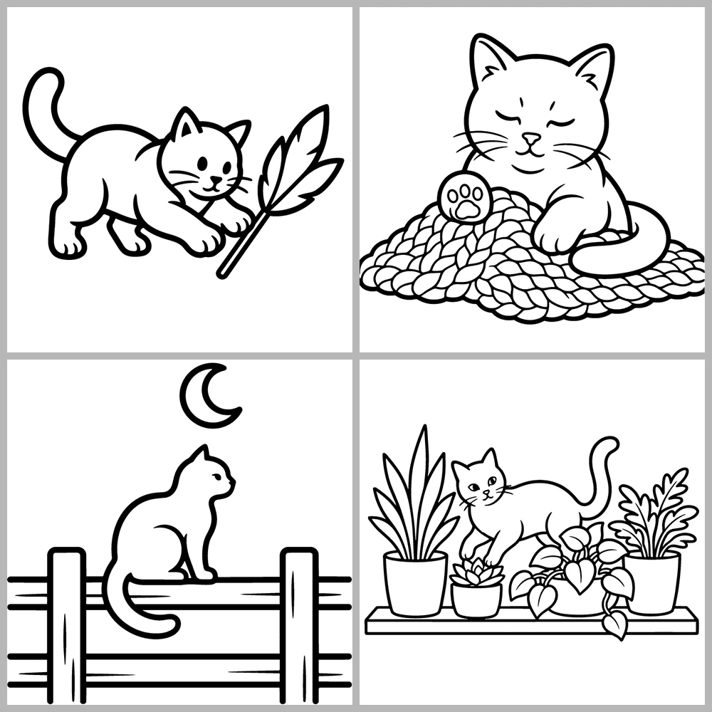 A cat-themed coloring book featuring bold lines and simple designs.