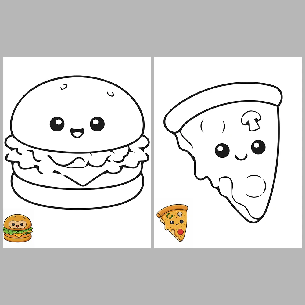 Kawaii-Style Cute Snacks Coloring Pages / With Reference Image