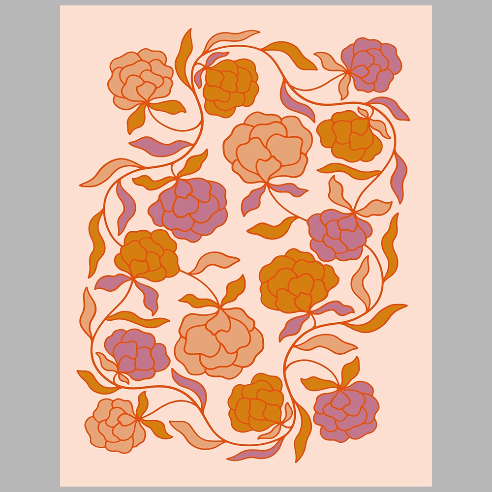 orange, pink, and purple posters