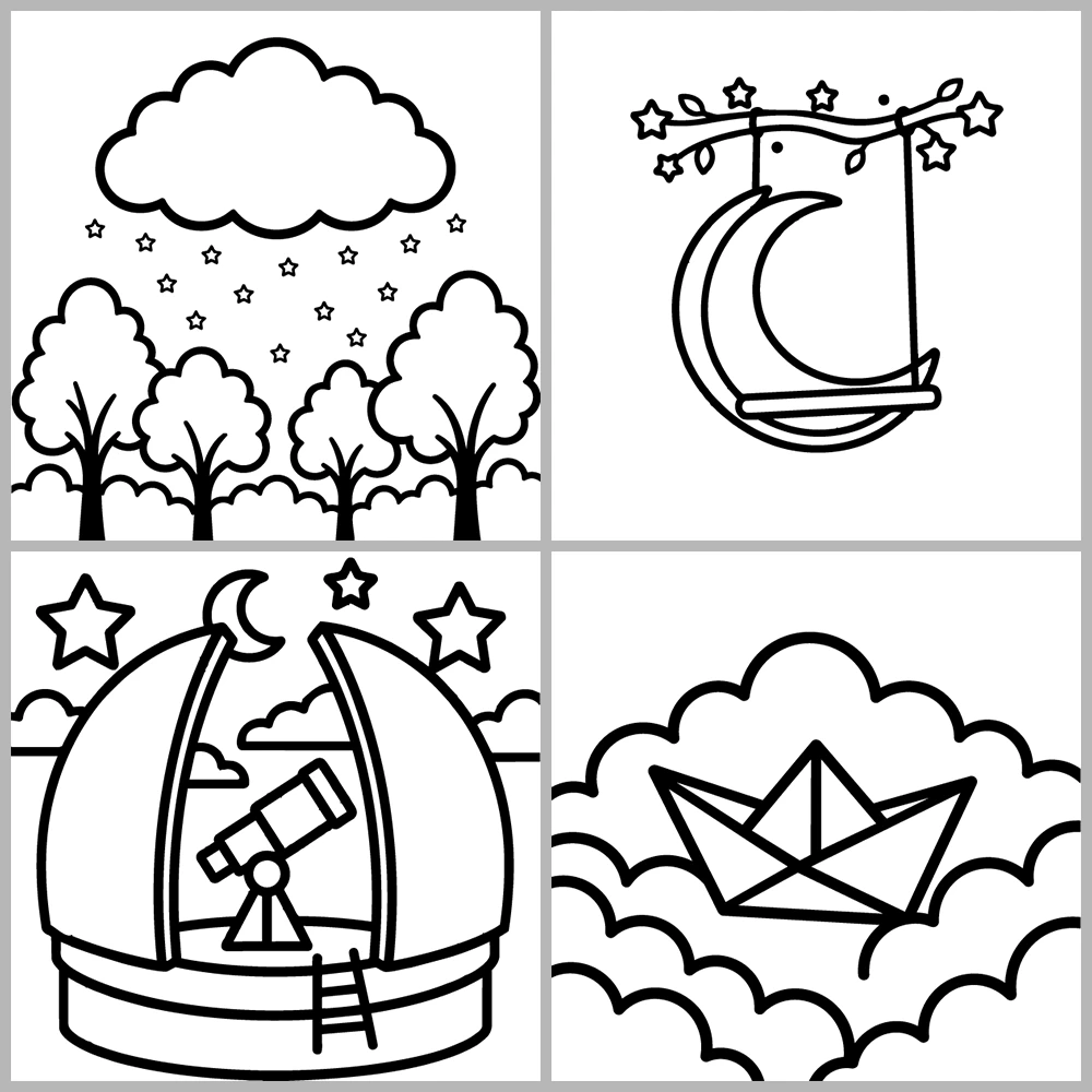 A “warm, celestial, and dreamlike” coloring book featuring bold lines and simple designs.