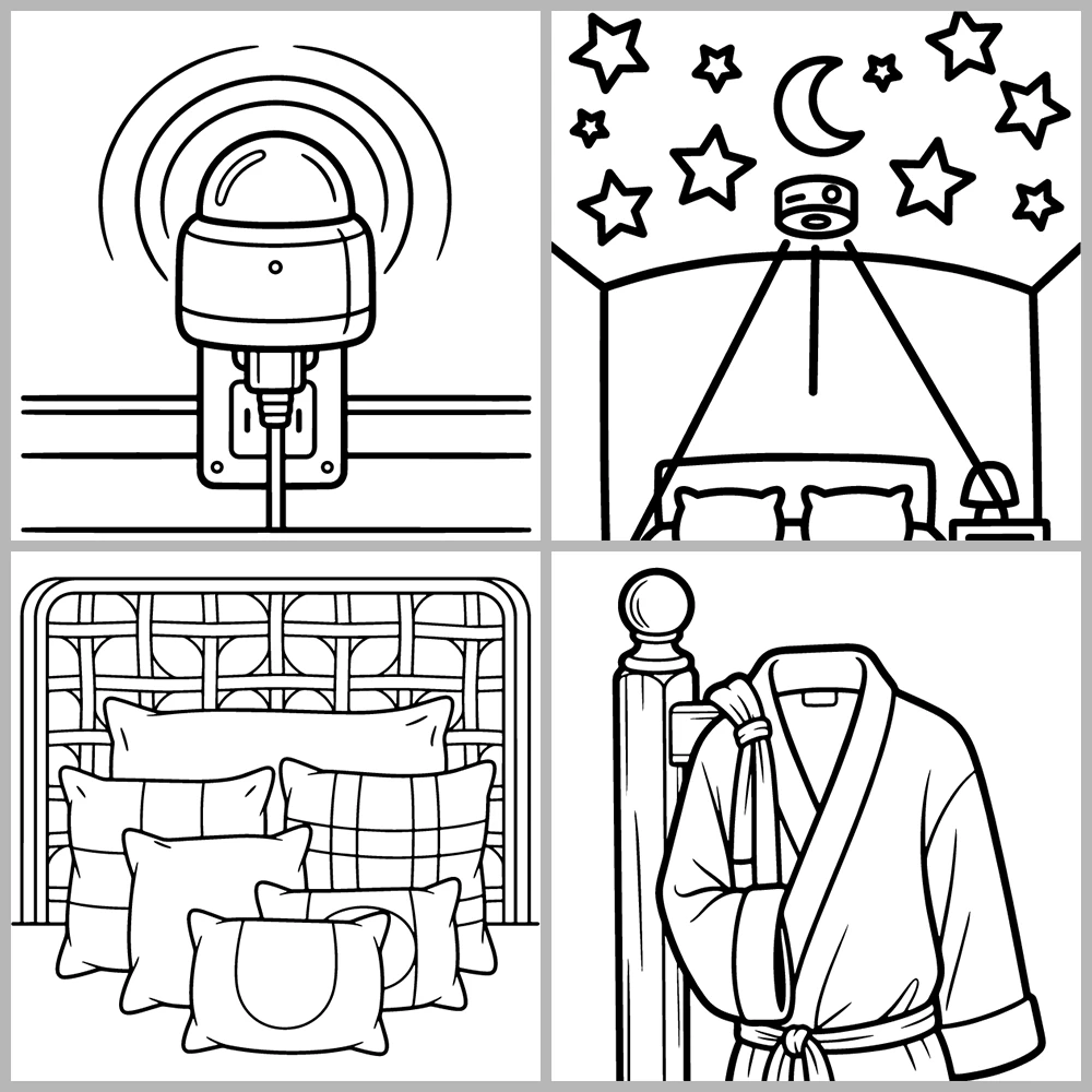 Bedroom and Sleep Themed Coloring Book with Bold Lines and Simple Designs.