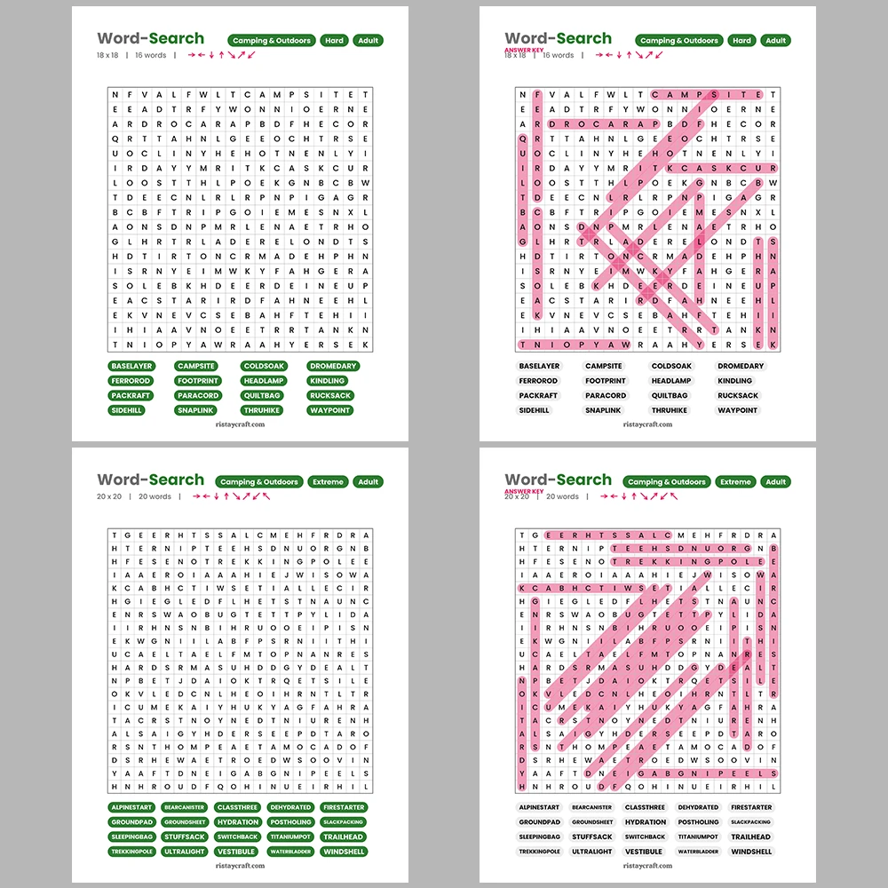 Word Search – Camping & Outdoors – Law & Justice Terms – Themes
