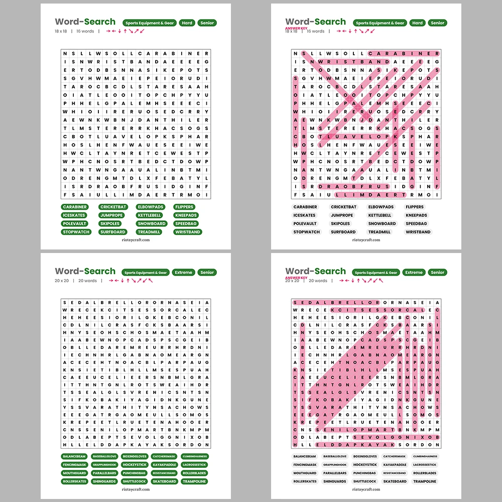 Word Search – Sports Equipment and Gear – Chocolate and Confectionery Brands – Themes