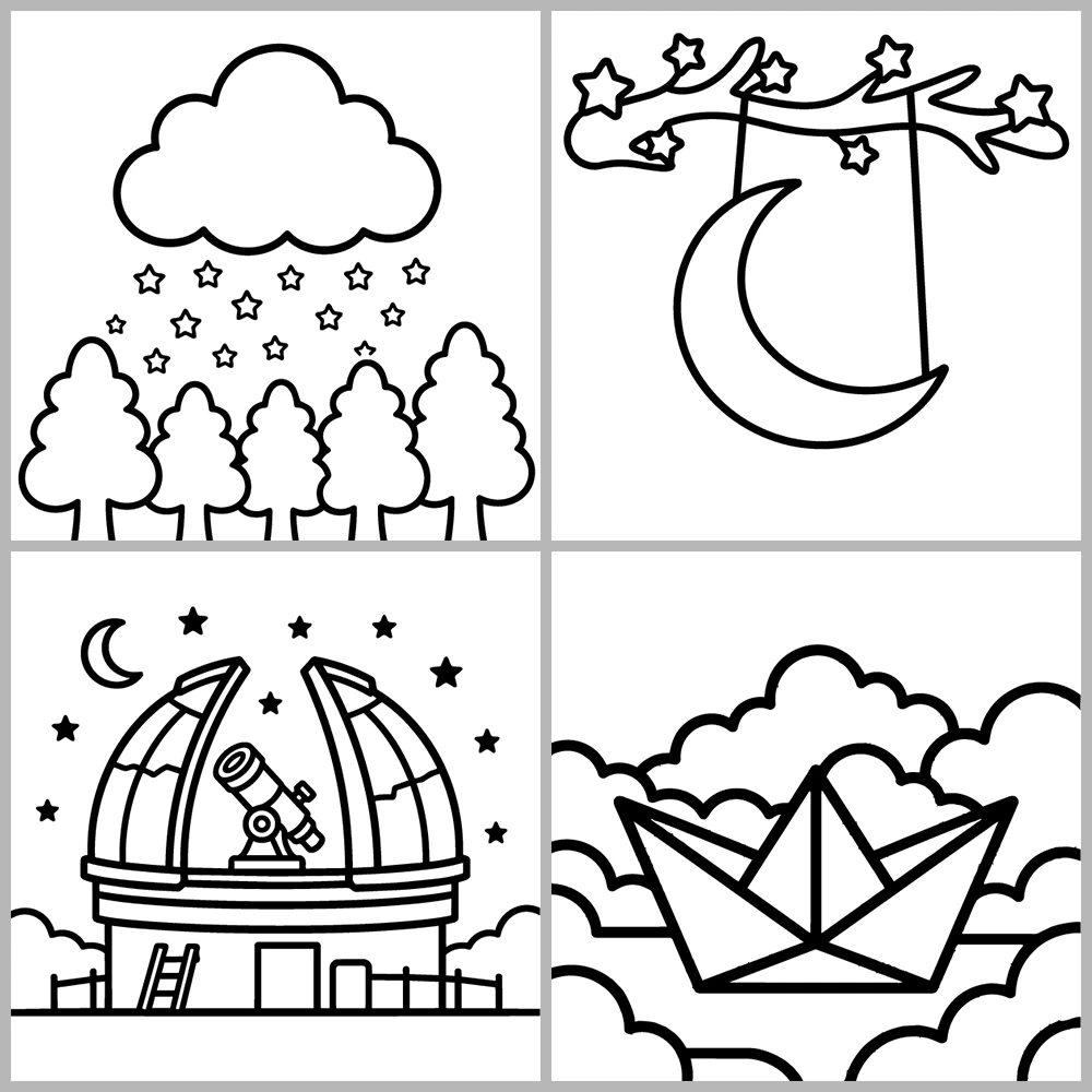 A “celestial and dreamlike” coloring book featuring bold lines and simple designs.