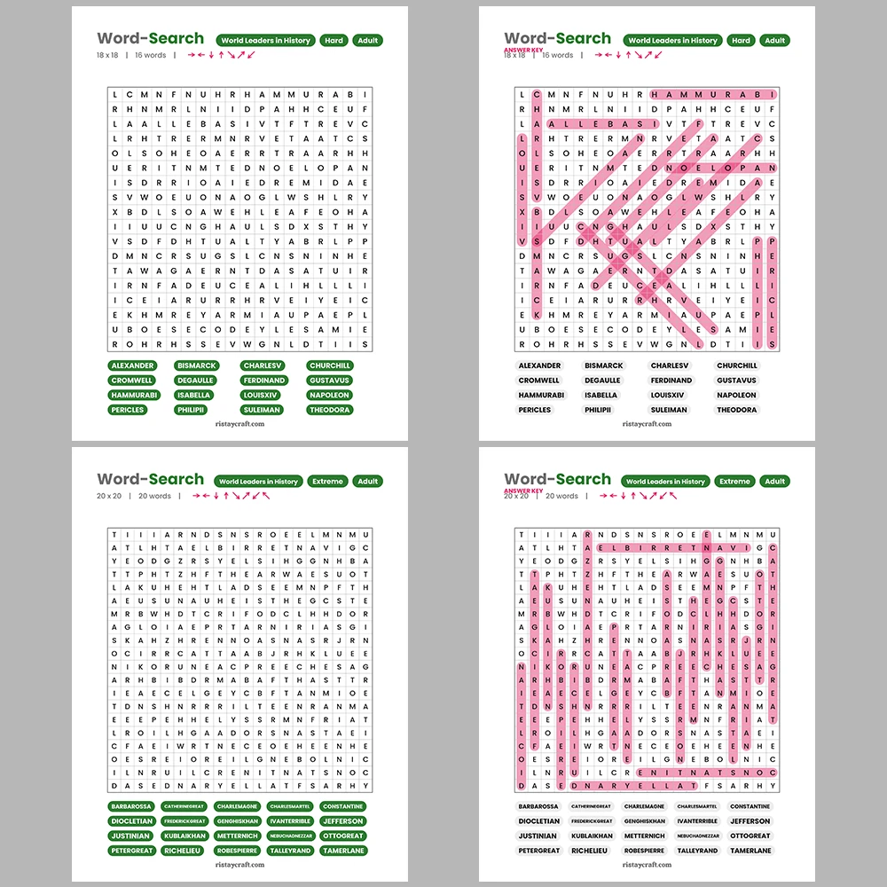 Word Search – World Leaders in History – Music Genres -Themes