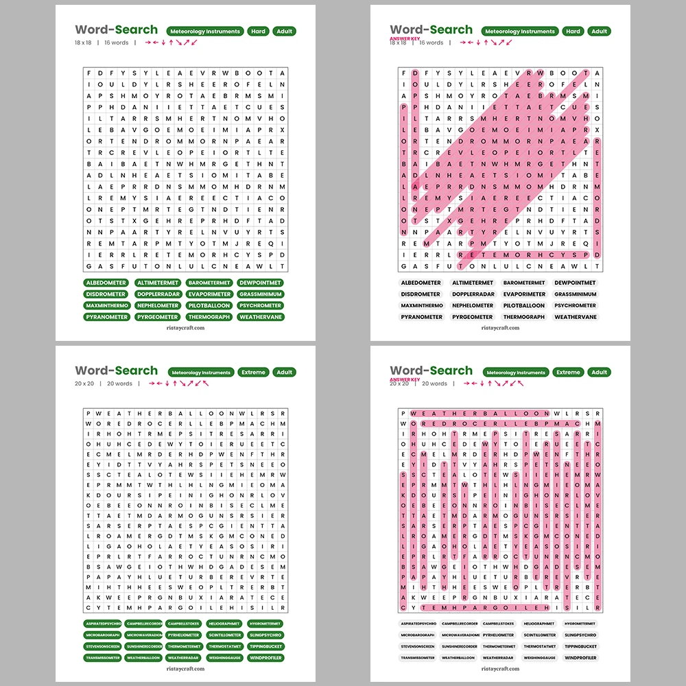 Word Search – Meteorology Instruments – Mountains & Peaks -Themes