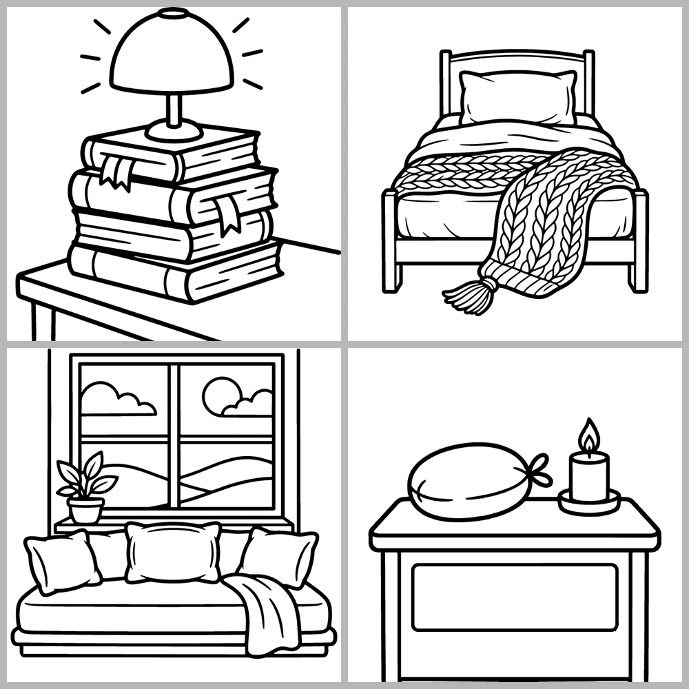 Bedroom and Sleep-Themed Coloring Book with Bold Lines and Simple Designs.