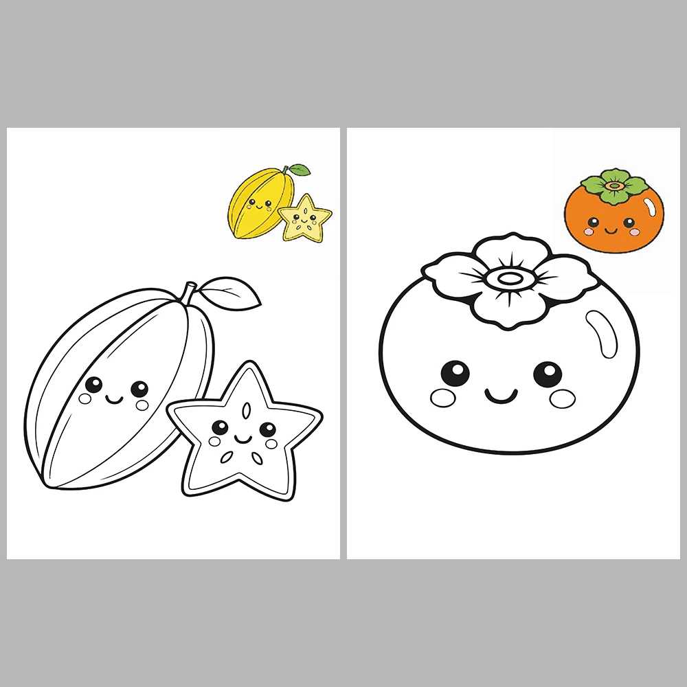 Cute Kawaii-Style Fruit Coloring Pages / With Reference Image